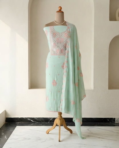 Mul Chanderi Unstitched Suit Set with Chikankari Inspired Embroidery & Dupatta