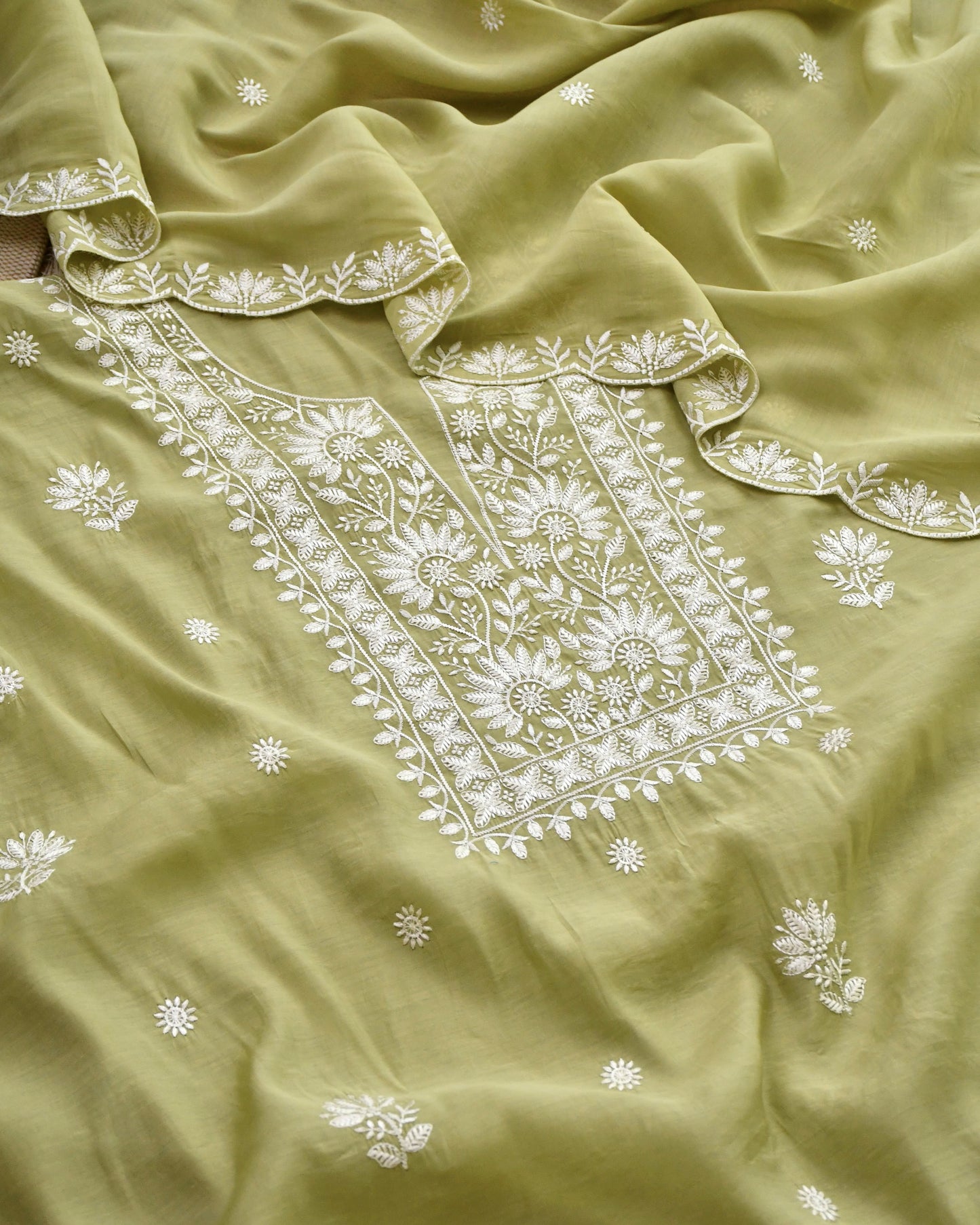 Mul Chanderi Unstitched Suit Set with Chikankari Inspired Embroidery & Dupatta