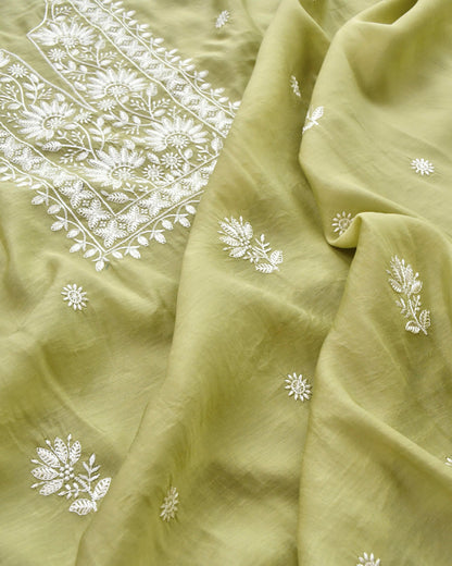 Mul Chanderi Unstitched Suit Set with Chikankari Inspired Embroidery & Dupatta