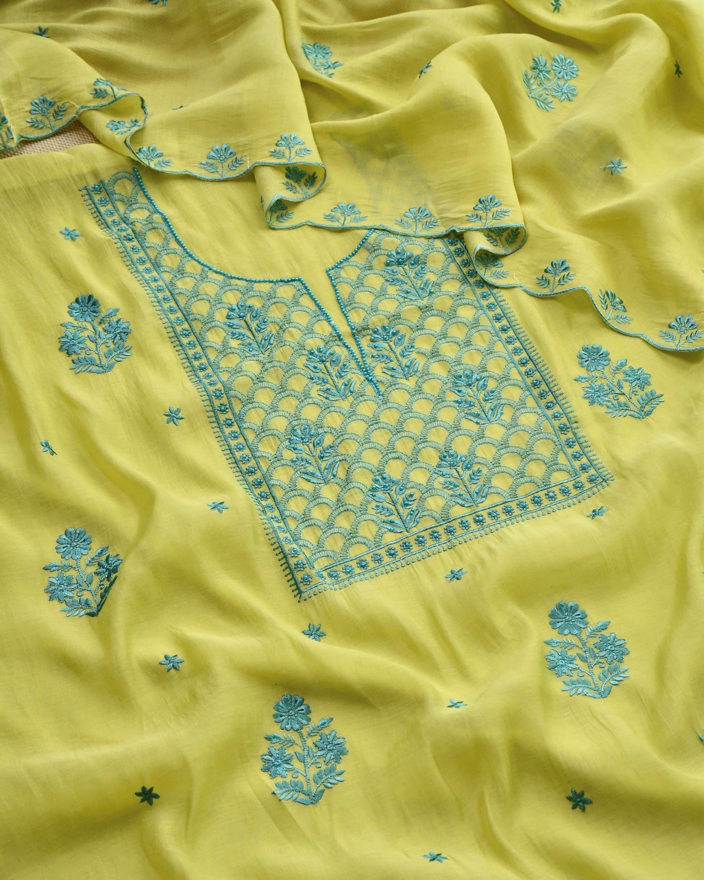 Mul Chanderi Unstitched Suit Set with Chikankari Inspired Embroidery & Dupatta