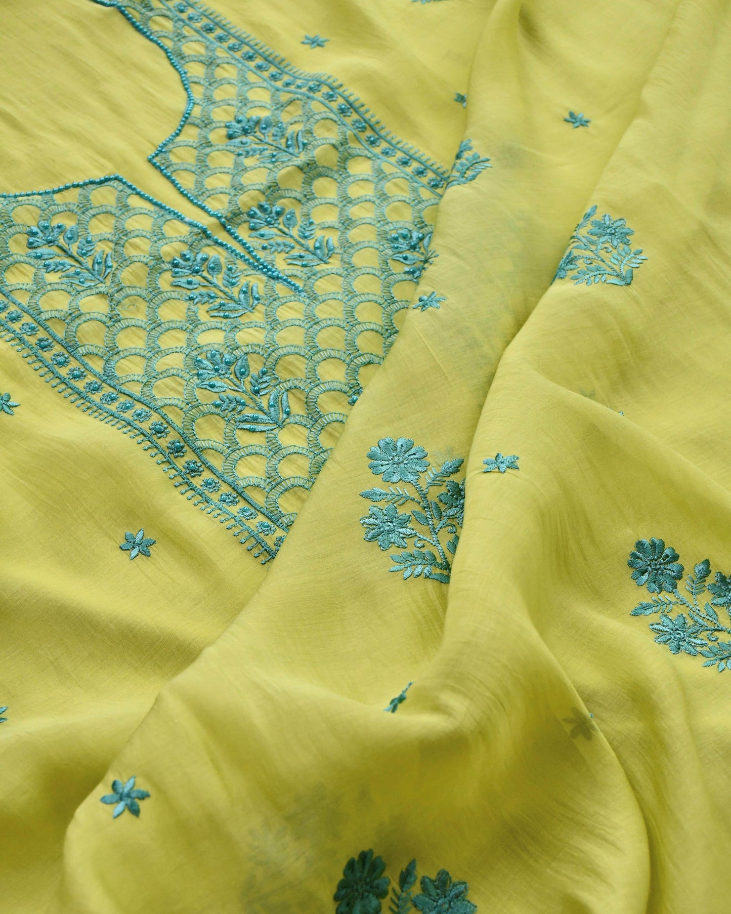 Mul Chanderi Unstitched Suit Set with Chikankari Inspired Embroidery & Dupatta