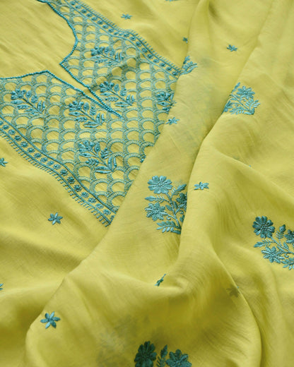 Mul Chanderi Unstitched Suit Set with Chikankari Inspired Embroidery & Dupatta