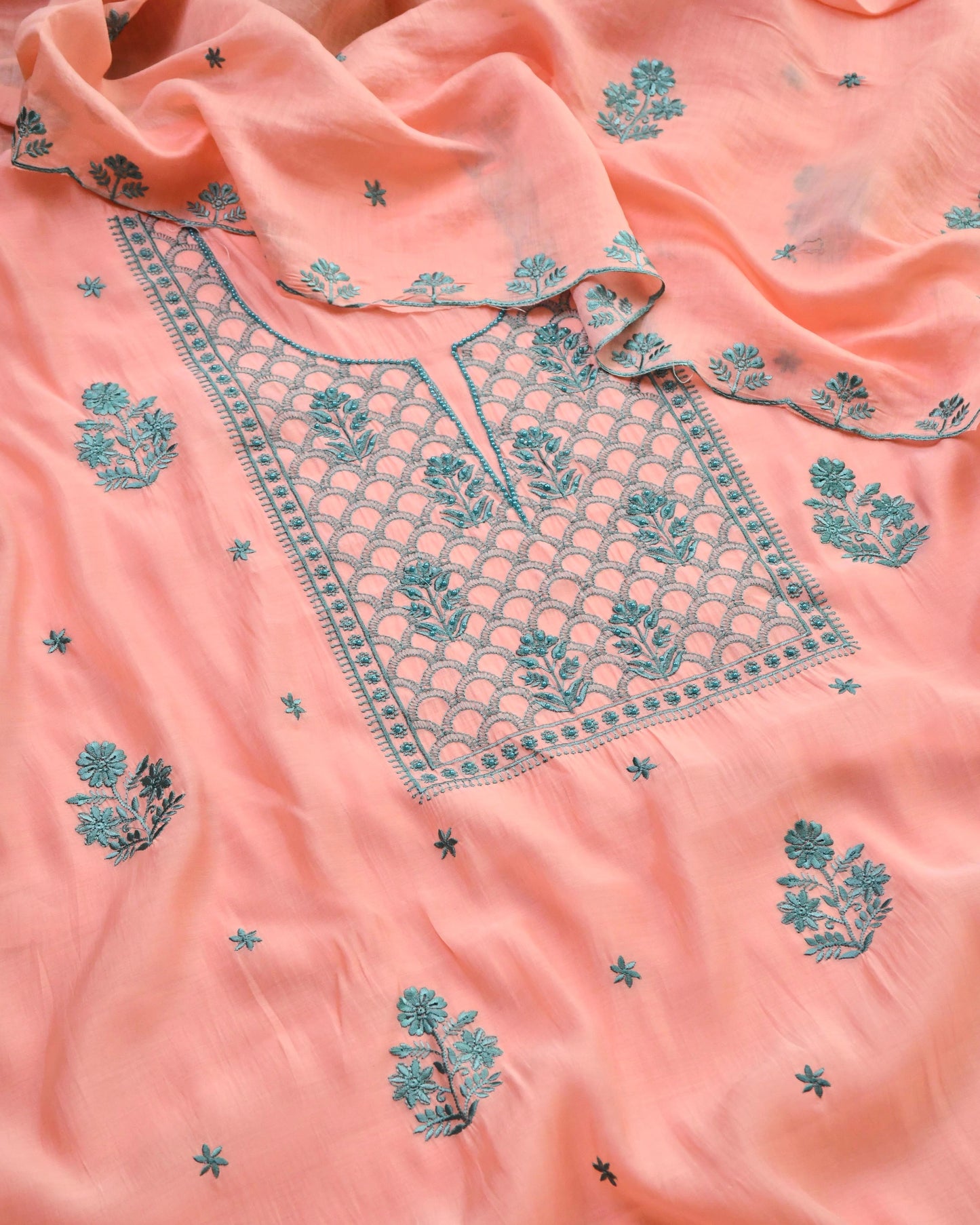 Mul Chanderi Unstitched Suit Set with Chikankari Inspired Embroidery & Dupatta
