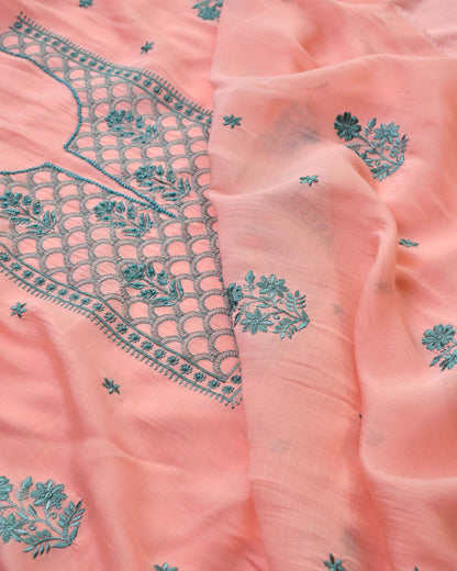 Mul Chanderi Unstitched Suit Set with Chikankari Inspired Embroidery & Dupatta