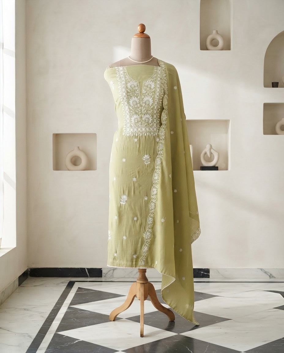 Mul Chanderi Unstitched Suit Set with Chikankari Inspired Embroidery & Dupatta