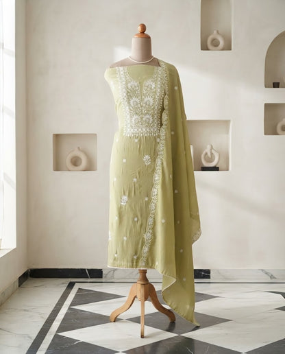 Mul Chanderi Unstitched Suit Set with Chikankari Inspired Embroidery & Dupatta
