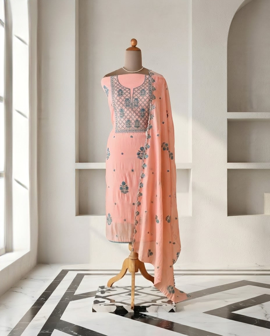 Mul Chanderi Unstitched Suit Set with Chikankari Inspired Embroidery & Dupatta