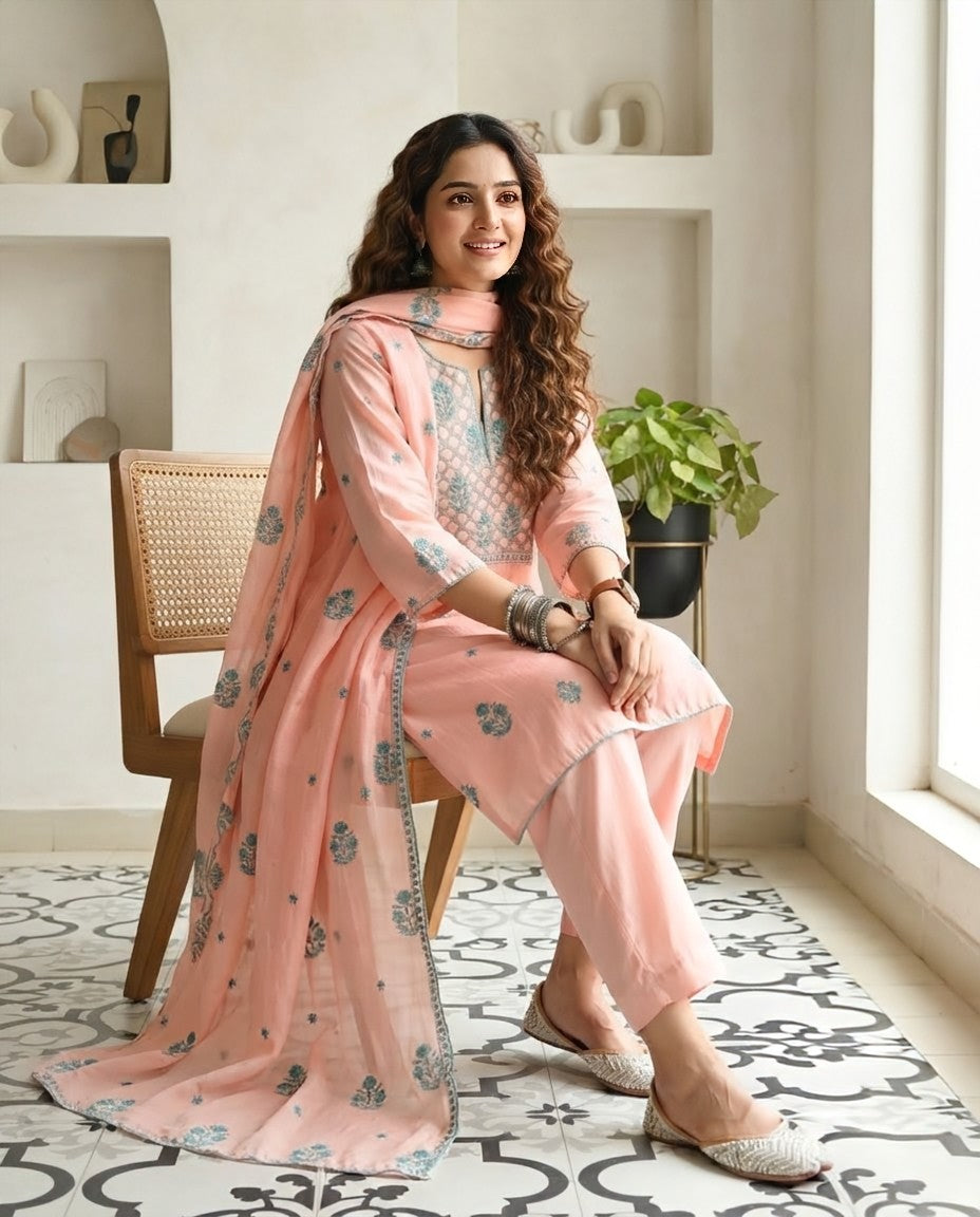Mul Chanderi Unstitched Suit Set with Chikankari Inspired Embroidery & Dupatta