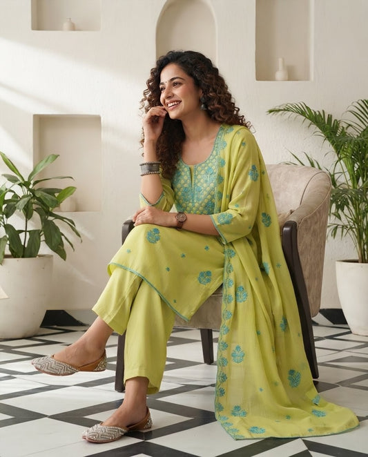Mul Chanderi Unstitched Suit Set with Chikankari Inspired Embroidery & Dupatta