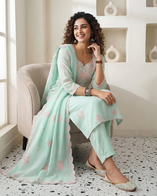 Mul Chanderi Unstitched Suit Set with Chikankari Inspired Embroidery & Dupatta