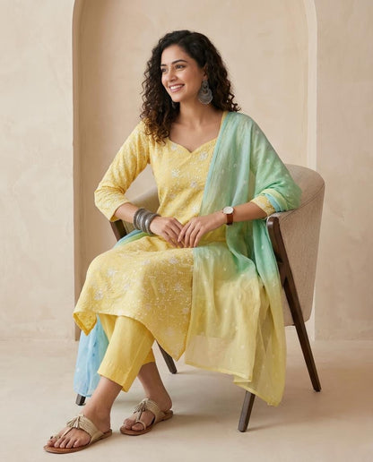 Embroidered Mul Chanderi Unstitched Suit Set with Ombre Chanderi Dupatta
