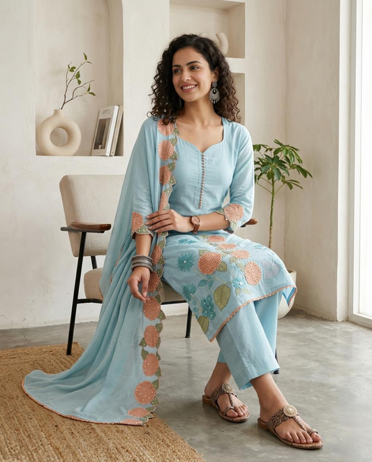 Premium Mul Chanderi Hand-Embroidered Unstitched Suit Set