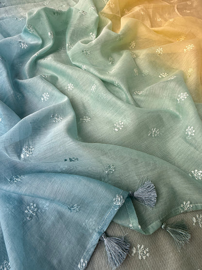 Embroidered Mul Chanderi Unstitched Suit Set with Ombre Chanderi Dupatta