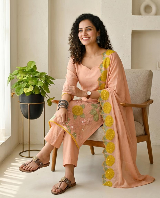 Premium Mul Chanderi Hand-Embroidered Unstitched Suit Set