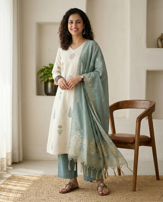 Premium Mul Chanderi Unstitched Suit Set with Exquisite Jamdani Dupatta