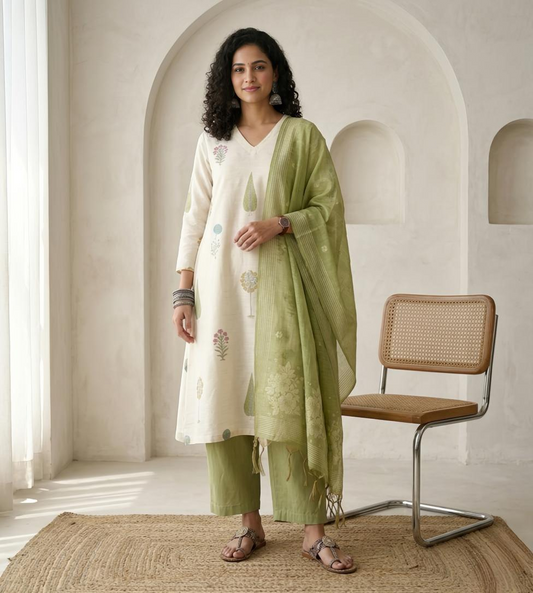 Premium Mul Chanderi Unstitched Suit Set with Exquisite Jamdani Dupatta