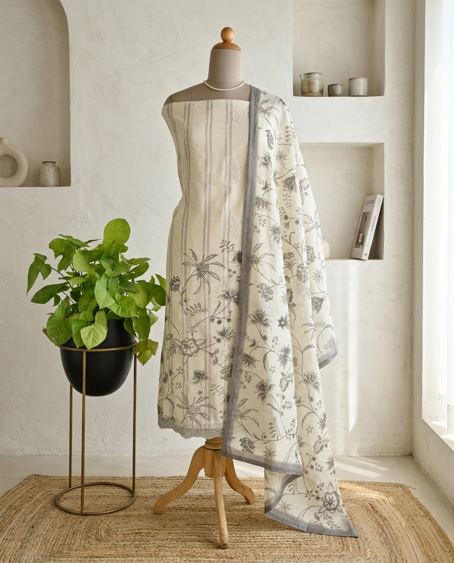 Luxury Mul Chanderi Unstitched Suit Set with Scalloped Lace & Floral Embroidery