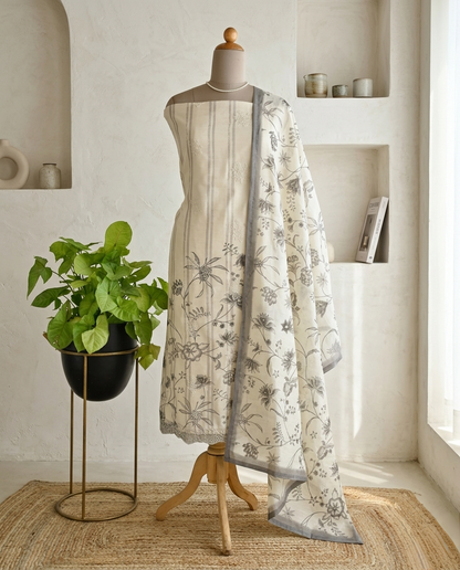 Luxury Mul Chanderi Unstitched Suit Set with Scalloped Lace & Floral Embroidery