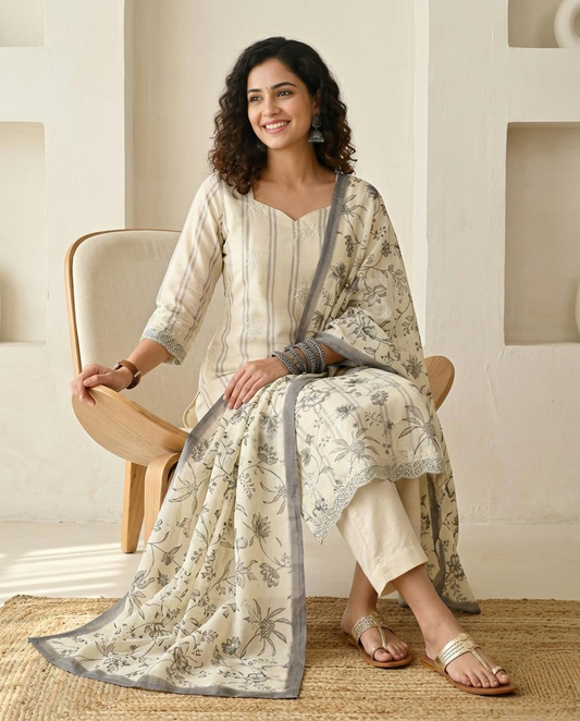 Luxury Mul Chanderi Unstitched Suit Set with Scalloped Lace & Floral Embroidery