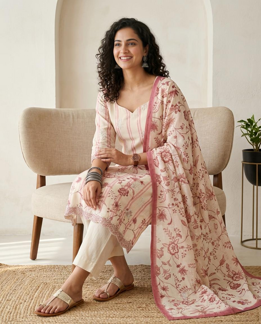 Luxury Mul Chanderi Unstitched Suit Set with Scalloped Lace & Floral Embroidery