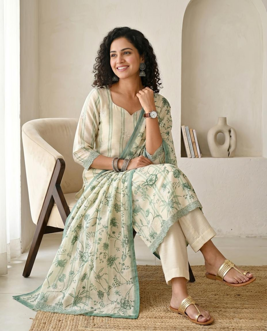 Luxury Mul Chanderi Unstitched Suit Set with Scalloped Lace & Floral Embroidery