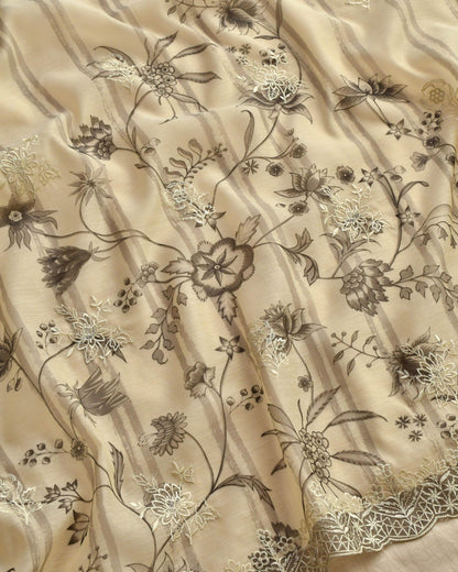 Luxury Mul Chanderi Unstitched Suit Set with Scalloped Lace & Floral Embroidery