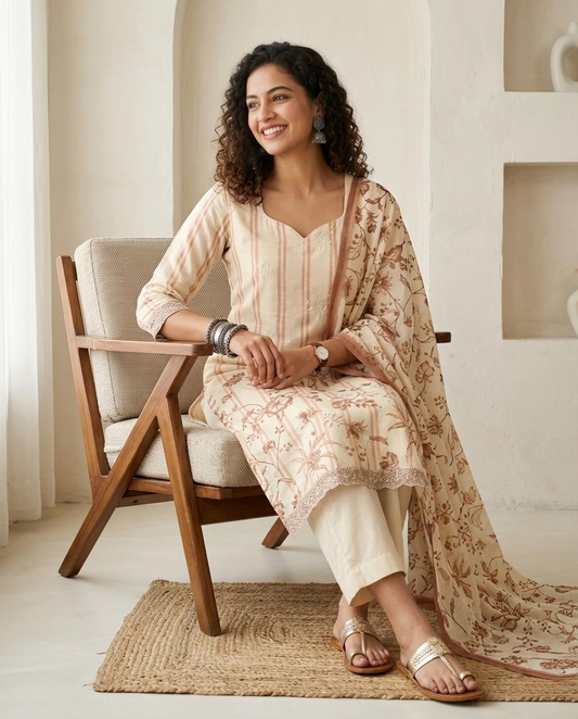 Luxury Mul Chanderi Unstitched Suit Set with Scalloped Lace & Floral Embroidery
