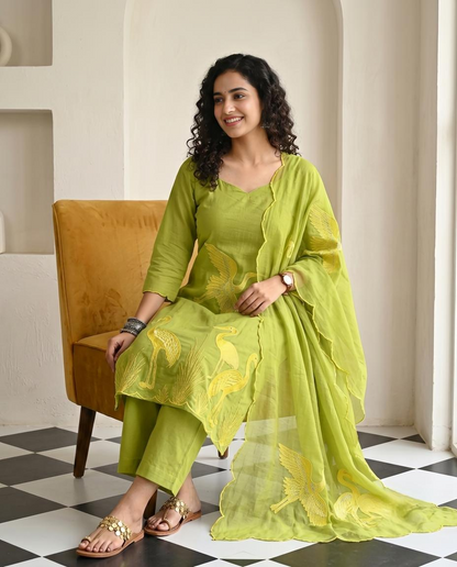 Premium Mul Chanderi Applique Work Unstitched Suit Set