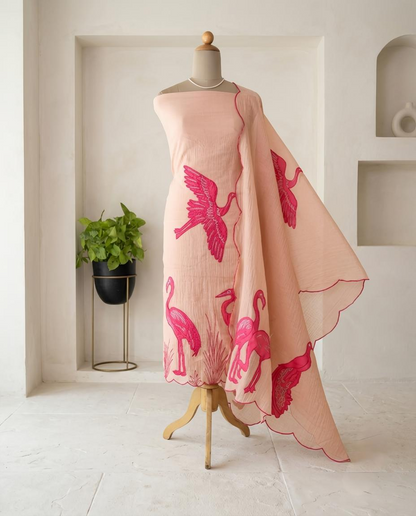 Premium Mul Chanderi Applique Work Unstitched Suit Set