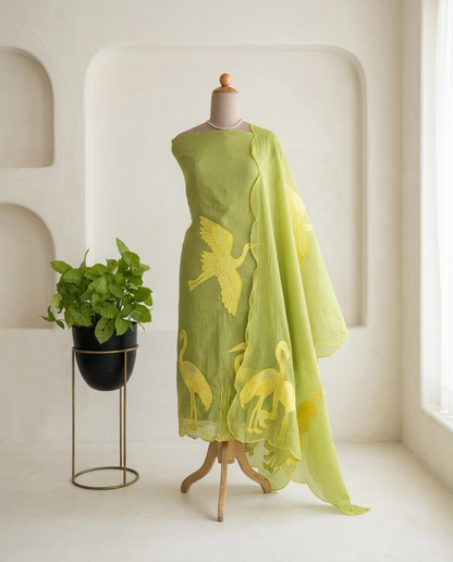 Premium Mul Chanderi Applique Work Unstitched Suit Set