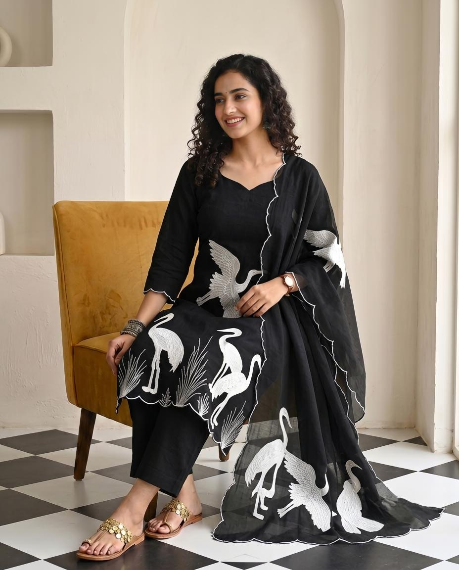 Premium Mul Chanderi Applique Work Unstitched Suit Set