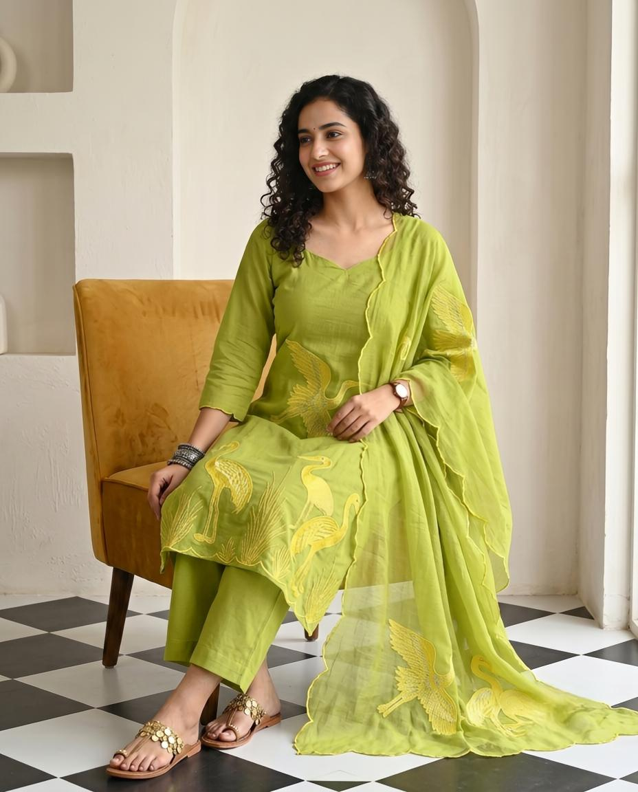 Premium Mul Chanderi Applique Work Unstitched Suit Set