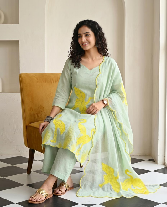 Premium Mul Chanderi Applique Work Unstitched Suit Set