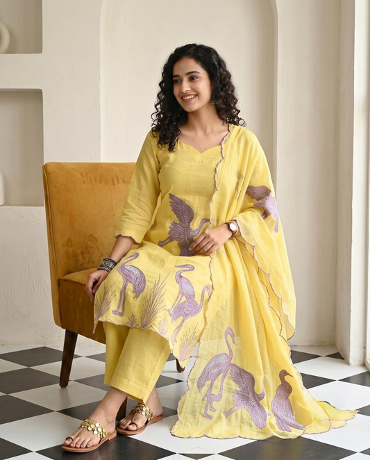 Premium Mul Chanderi Applique Work Unstitched Suit Set