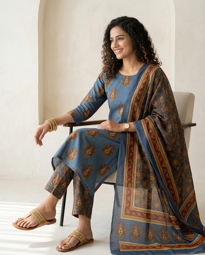 Premium Hand Block Print Mul Cotton Unstitched Suit Set