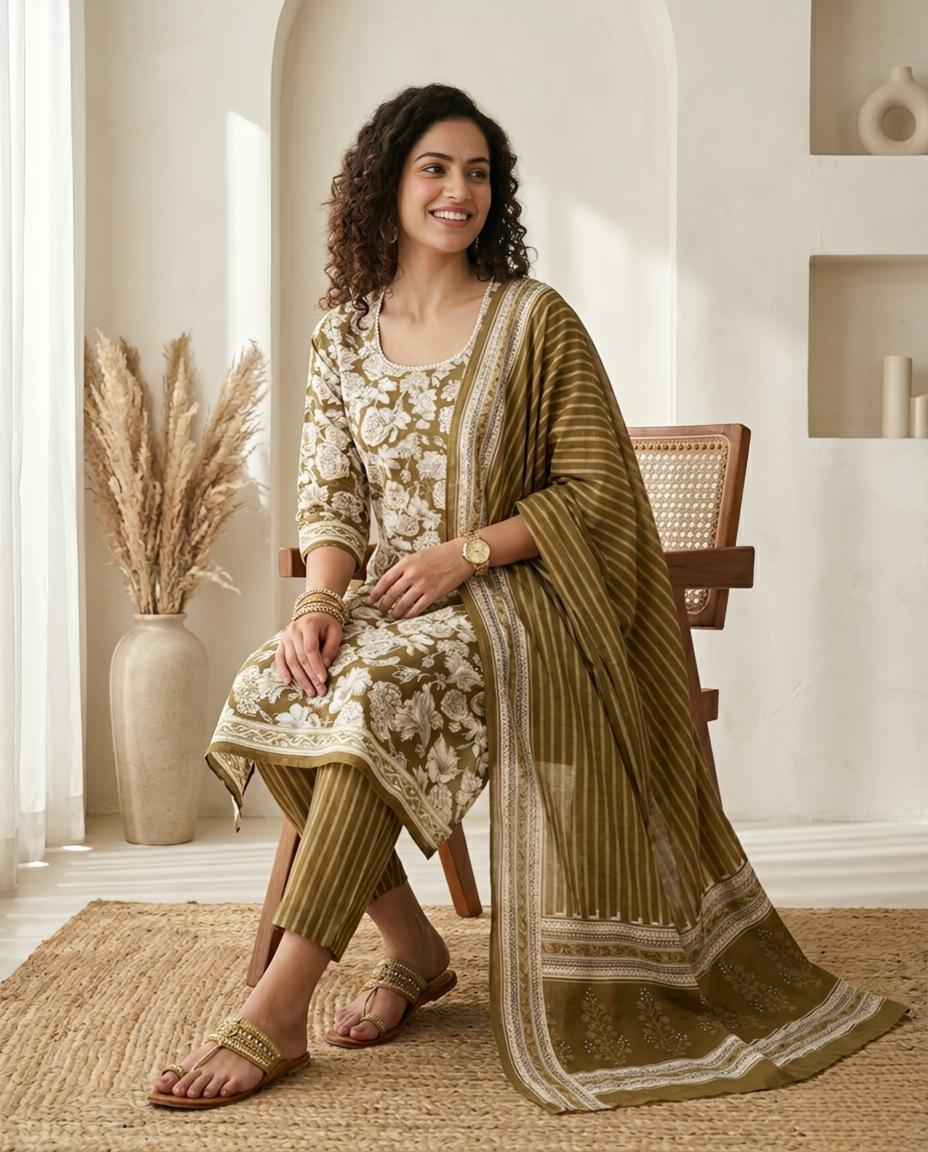 Floral Elegance: Hand Block Printed Mul Cotton Unstitched Suit Set
