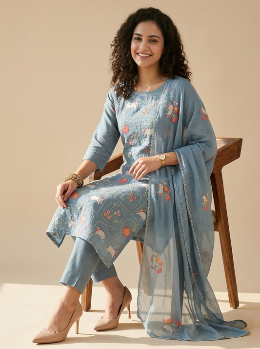 Pichwai Embroidered Mul Chanderi Unstitched Ethnic Set in Pastel Hues