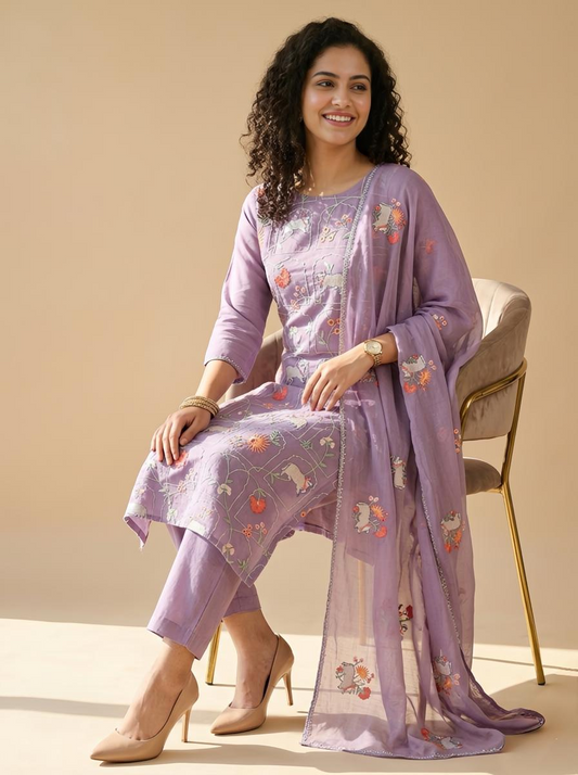 Pichwai Embroidered Mul Chanderi Unstitched Ethnic Set in Pastel Hues