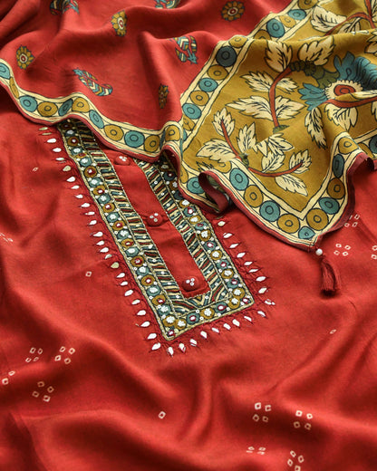 Rust Red Hand-Embroidered Muslin Unstitched Suit Set