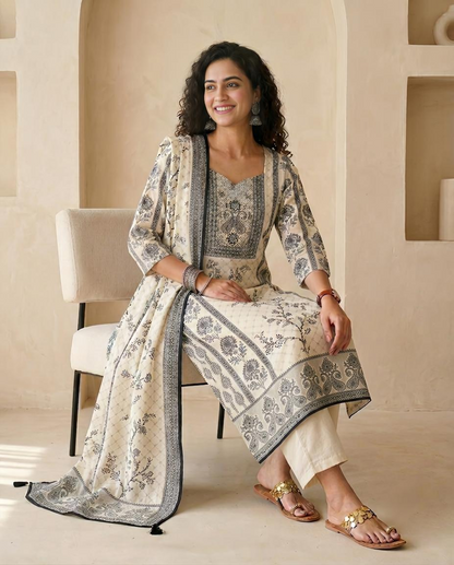 Ivory Muslin Unstitched Suit Set with Black Floral Prints and Hand Embroidery