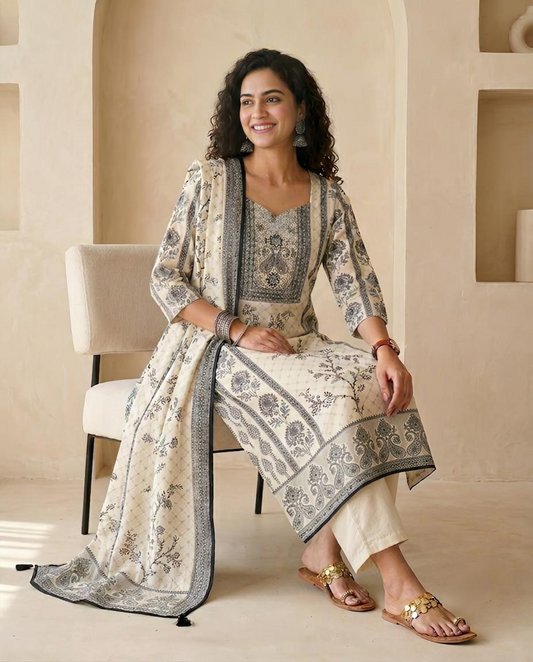 Ivory Muslin Unstitched Suit Set with Black Floral Prints and Hand Embroidery