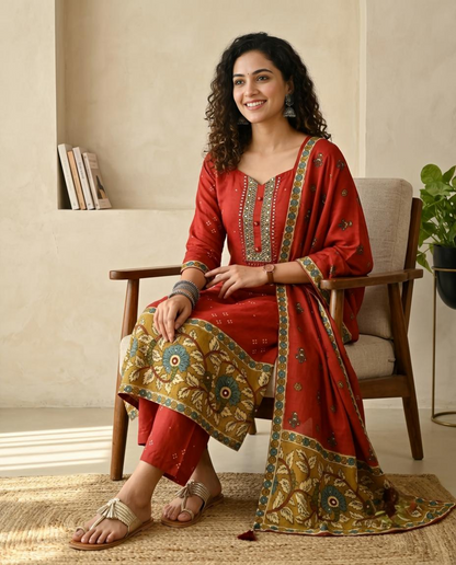 Rust Red Hand-Embroidered Muslin Unstitched Suit Set