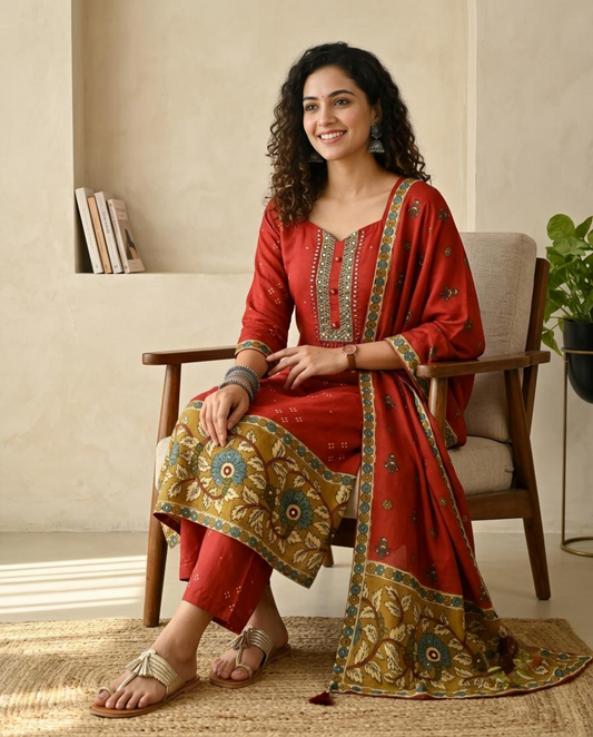 Rust Red Hand-Embroidered Muslin Unstitched Suit Set