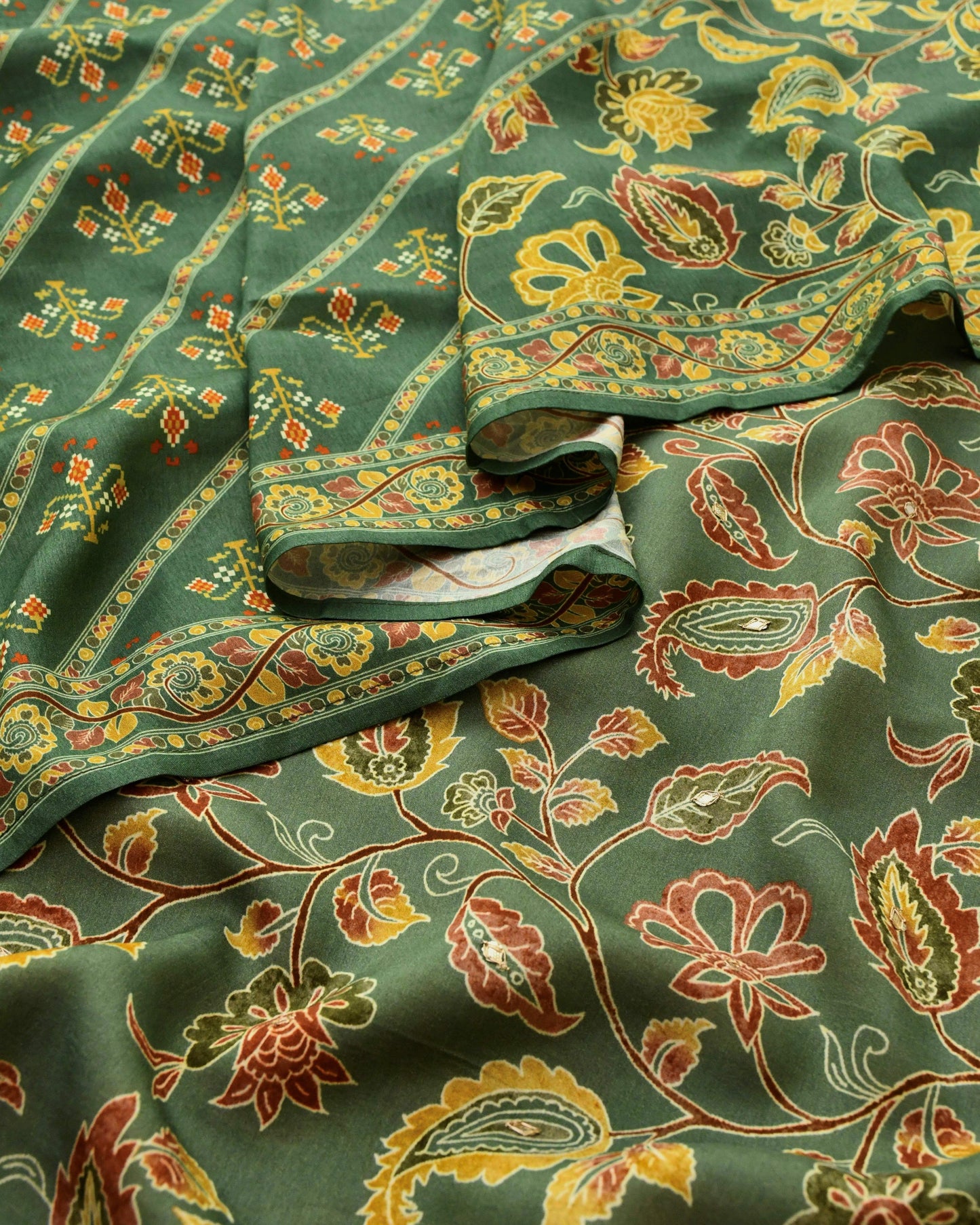 Sage Green Banarasi Silk Unstitched Suit Set with Hand Embroidered Neckline