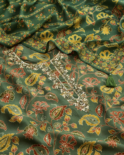 Sage Green Banarasi Silk Unstitched Suit Set with Hand Embroidered Neckline