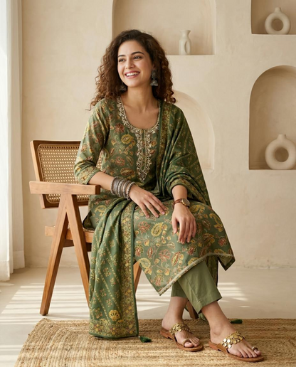 Sage Green Banarasi Silk Unstitched Suit Set with Hand Embroidered Neckline