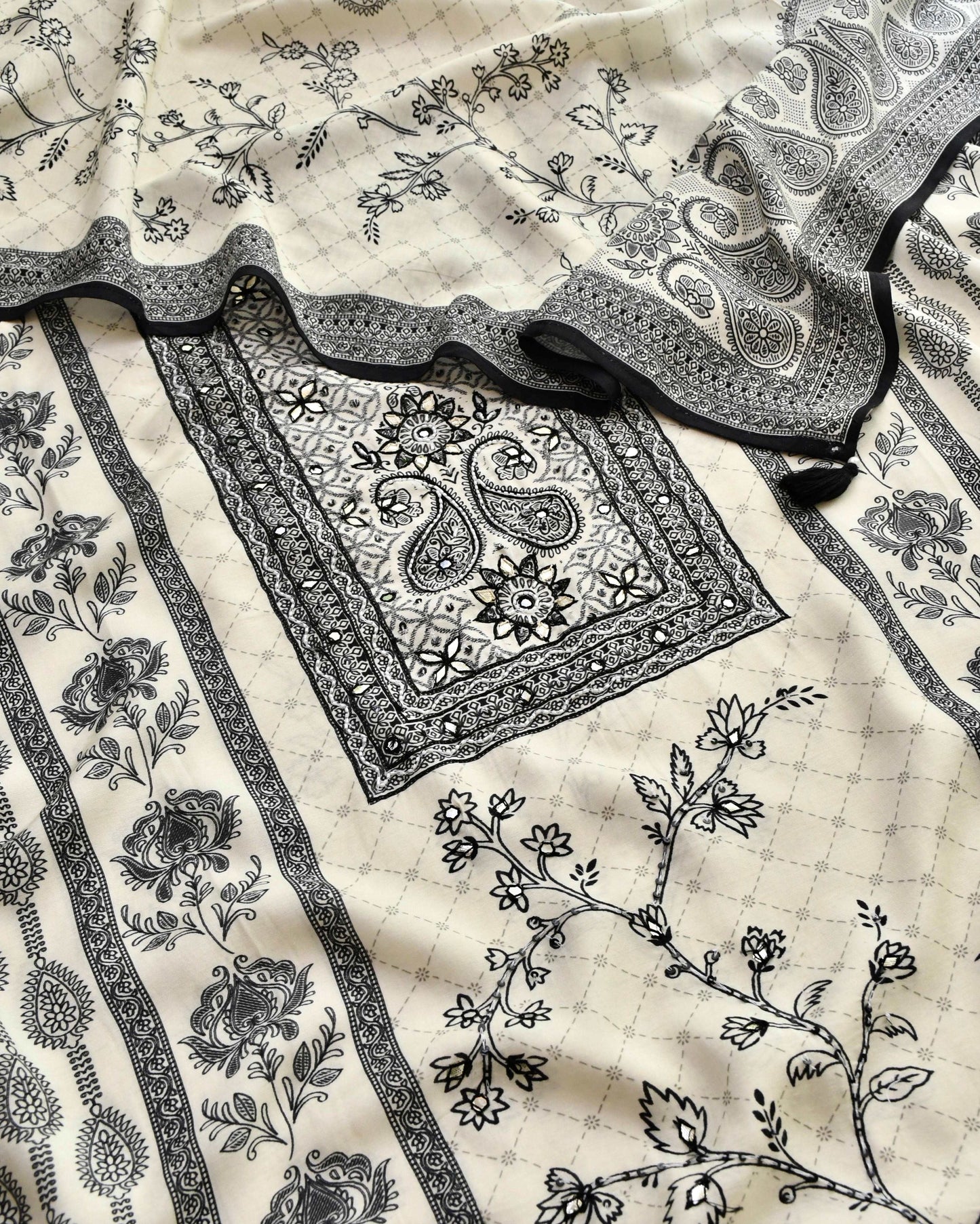 Ivory Muslin Unstitched Suit Set with Black Floral Prints and Hand Embroidery