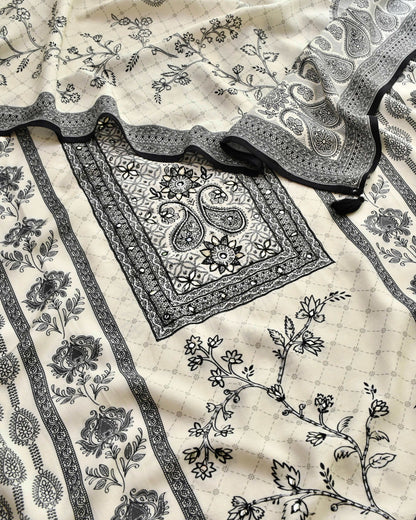 Ivory Muslin Unstitched Suit Set with Black Floral Prints and Hand Embroidery