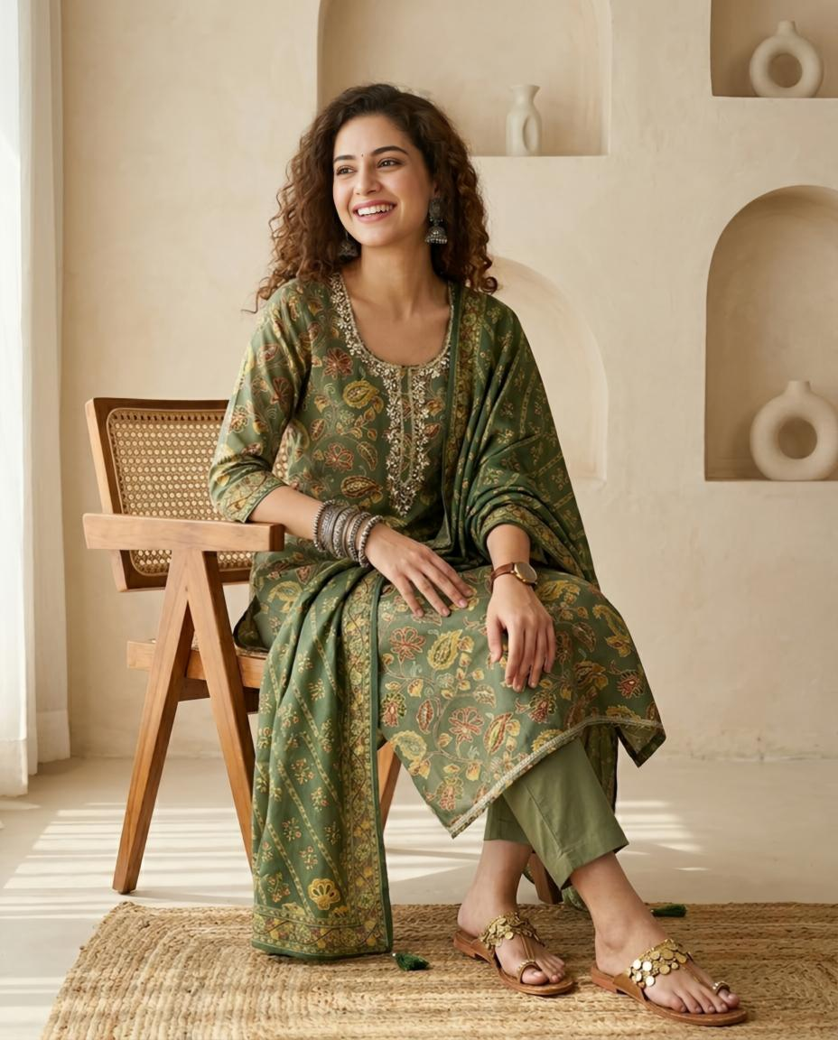 Sage Green Banarasi Silk Unstitched Suit Set with Hand Embroidered Neckline
