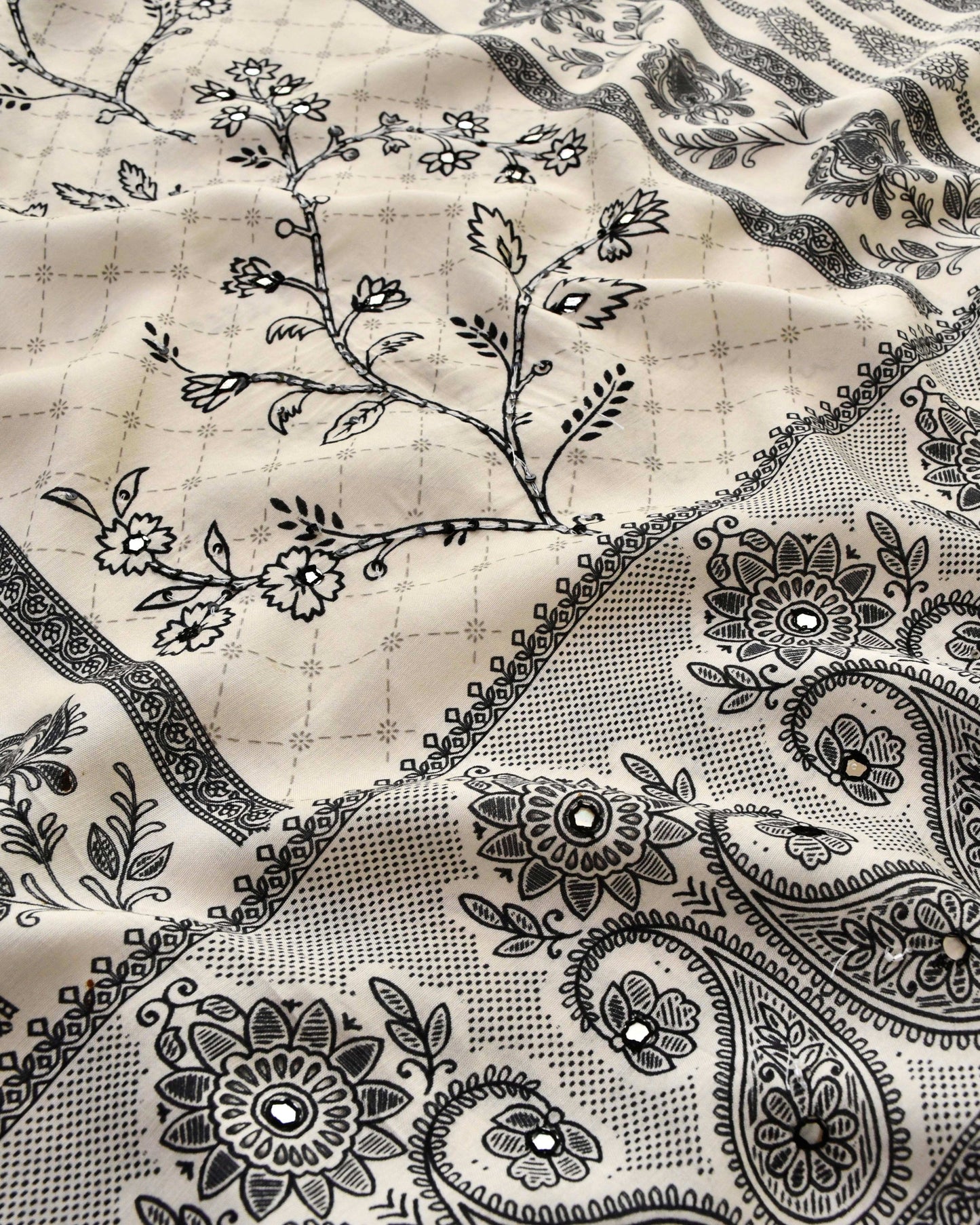 Ivory Muslin Unstitched Suit Set with Black Floral Prints and Hand Embroidery